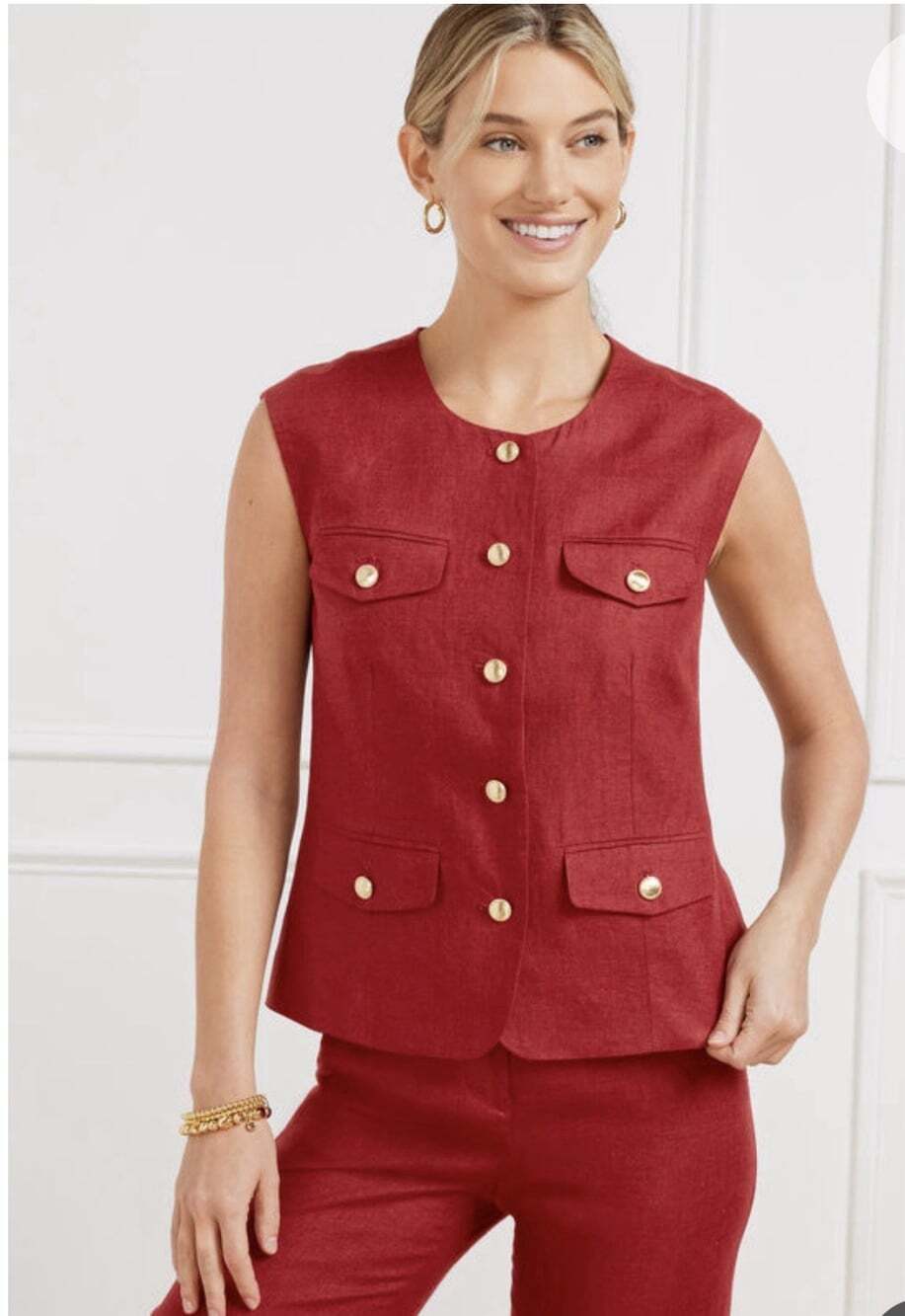 TALBOTS RED CLASSIC LINEN SHORT VEST GOLD BUTTONs SIZE 14